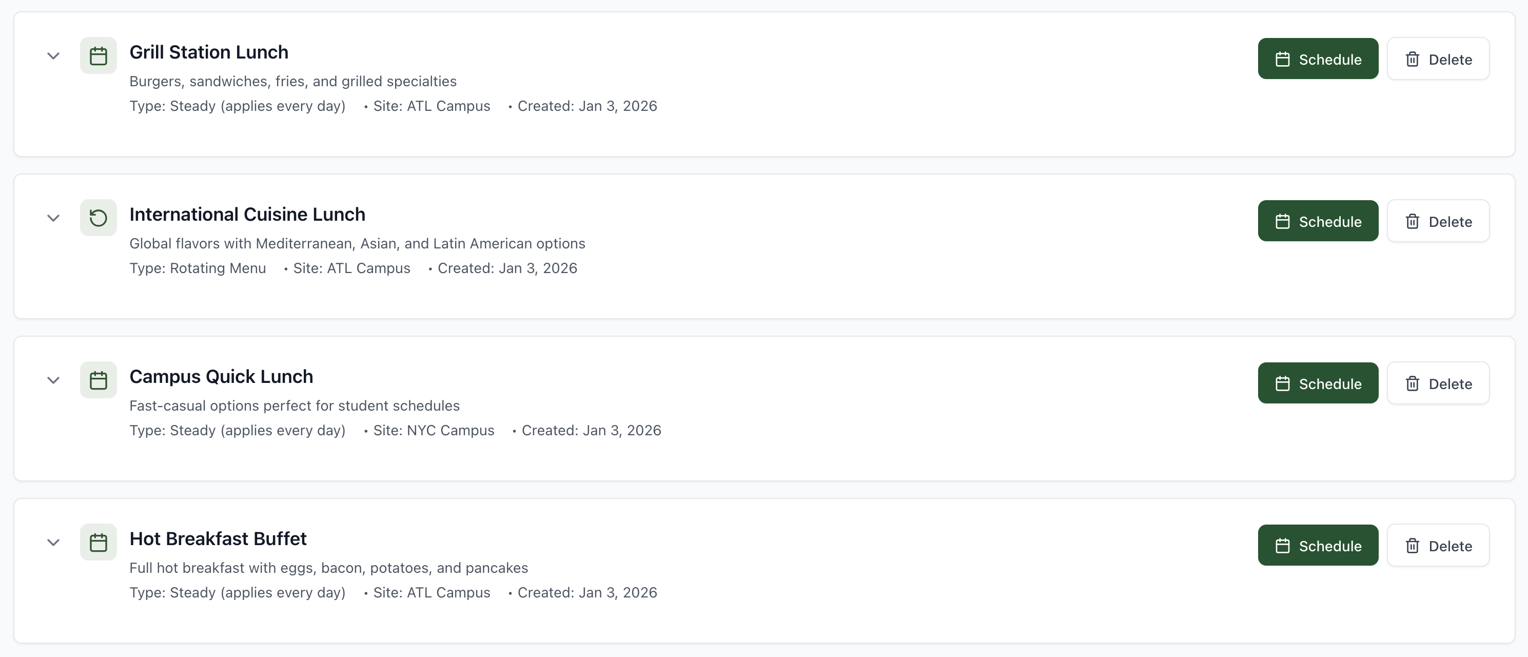 Menu Templates list view